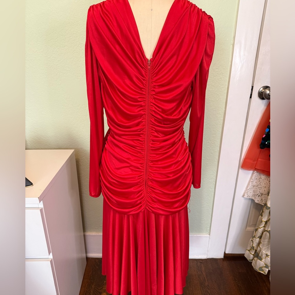 Vintage Red Draped Cocktail Dress Ruched Bodice Large - Picture 14 of 14